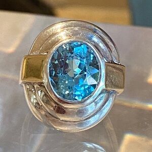Mildred Savitt Sterling Silver and 14K Gold Blue Topaz Gemstone Ring